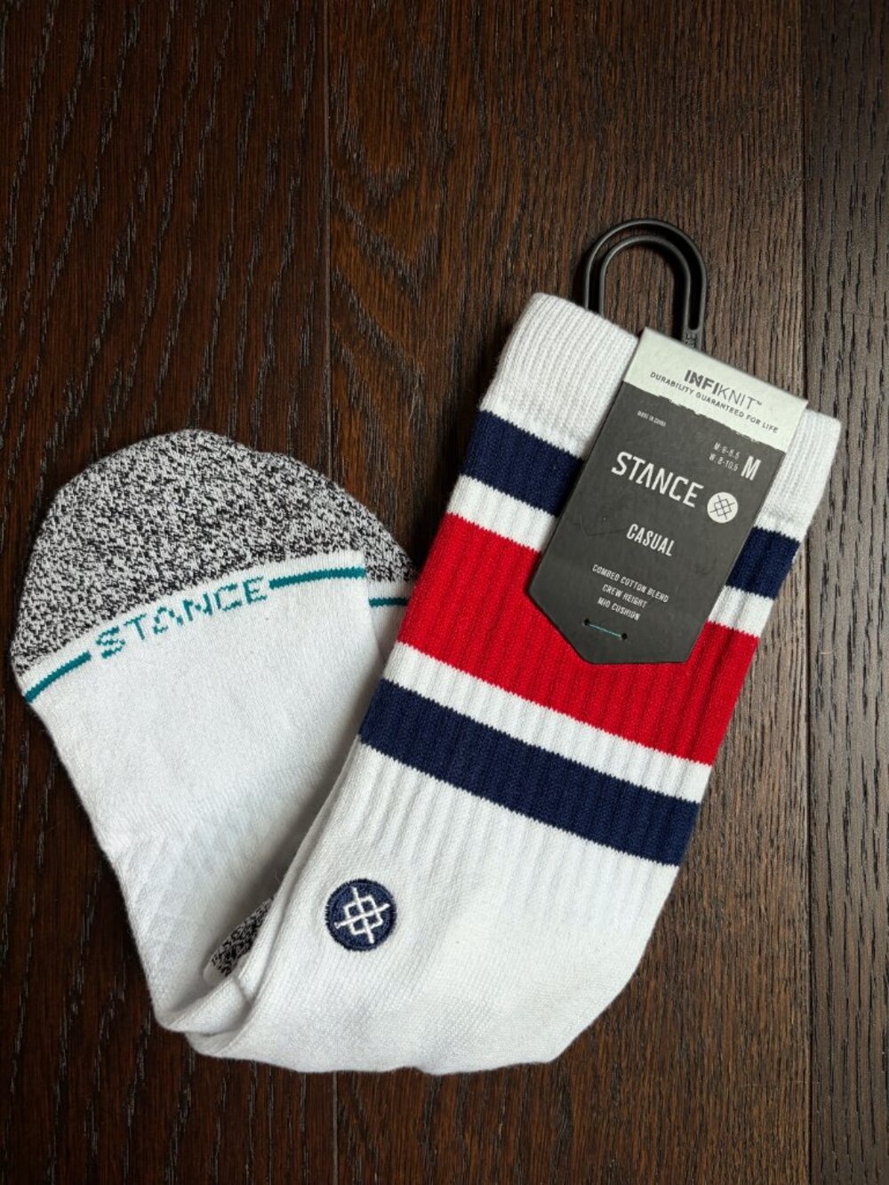 NWT Stance Men's Boyd Stripe Crew Socks (White w/ Blue & Red) - Medium - Picture 5 of 5
